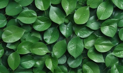Obraz premium Green leaves seamless pattern background with water drops, spring, rain