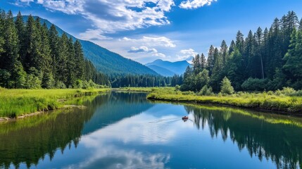 Fototapeta premium Serene river landscape with mountains, trees, and a boat under a bright blue sky.