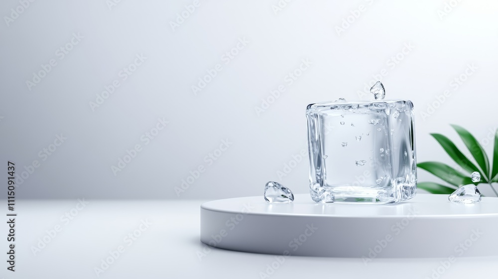Poster 3d ice cube model on simple background with water droplets