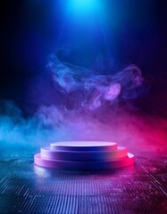 Abstract 3D Podium with Neon Spotlights and Smoke Effect, Futuristic Product Display Background