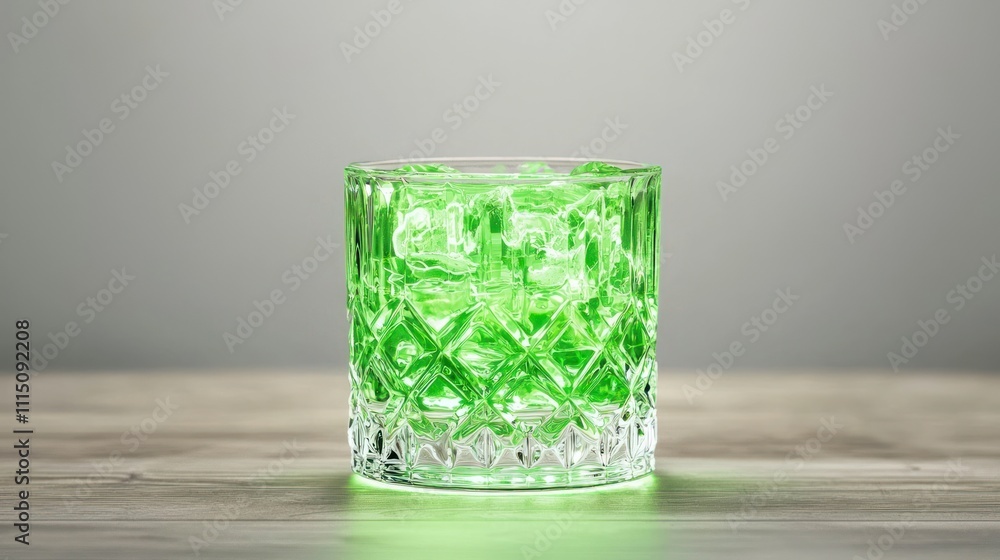 Poster a vibrant green drink in a textured glass sits on a wooden surface, illuminated by soft light, creat