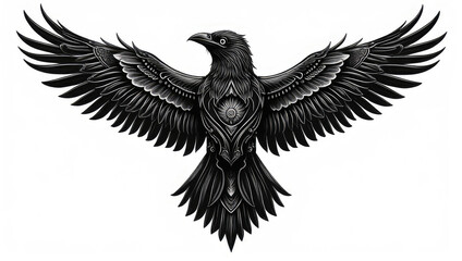 Obraz premium Black tribal raven tattoo in side profile with sharp details, ideal for symbolic or modern body art.