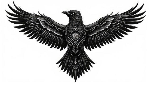 Black tribal raven tattoo in side profile with sharp details, ideal for symbolic or modern body art.