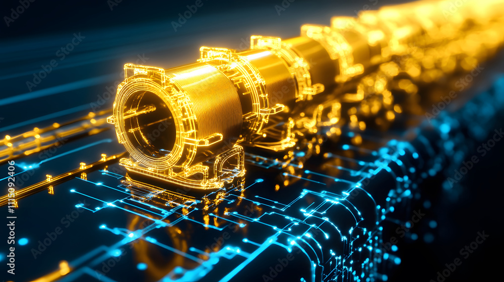 Poster a futuristic, glowing machinery component surrounded by glowing blue digital patterns, symbolizing a