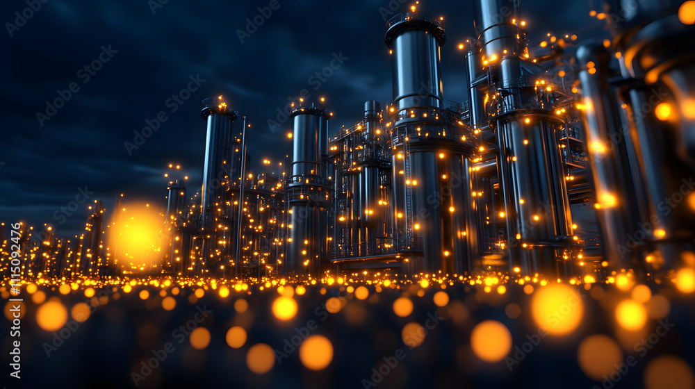Poster a futuristic industrial landscape illuminated by glowing orbs, featuring metallic structures under a