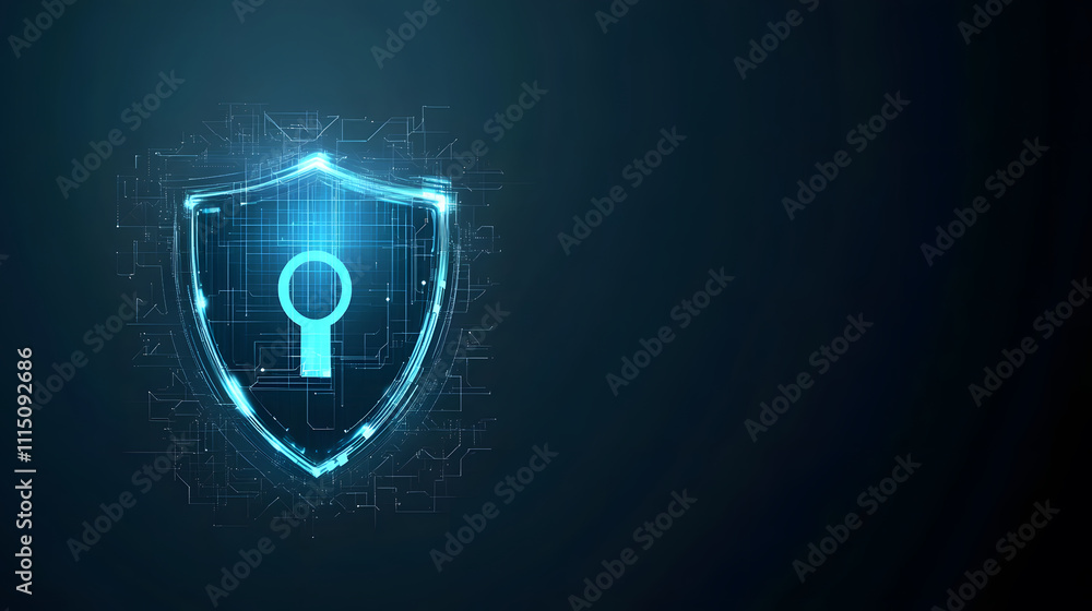 Poster A glowing digital shield with a keyhole symbolizes cybersecurity and protection against threats in a futuristic context