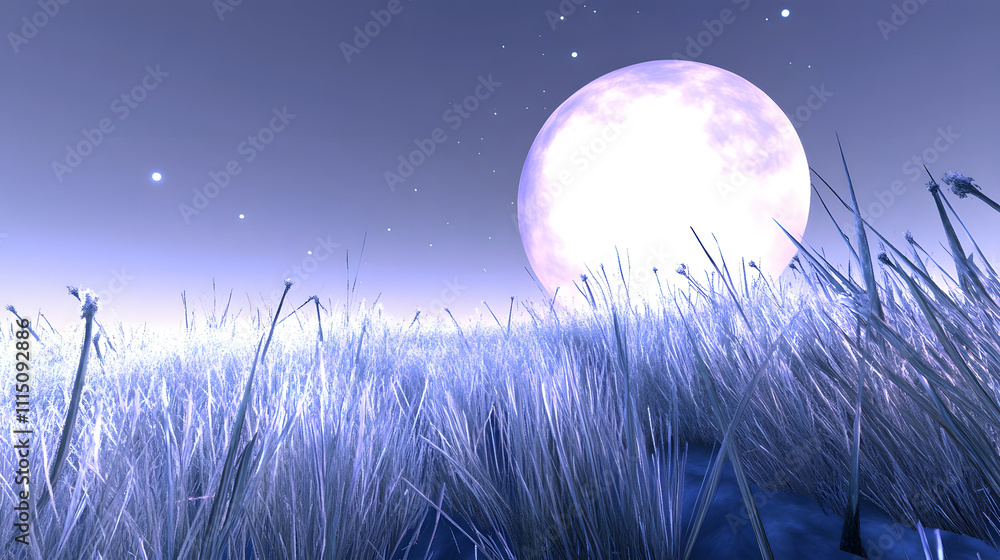 Poster a serene night scene featuring tall grass under a bright, large moon, casting soft light and creatin