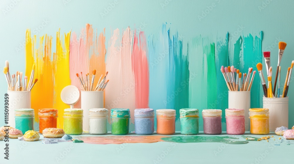 Poster a vibrant array of paint jars and brushes arranged against a colorful backdrop, perfect for artists 