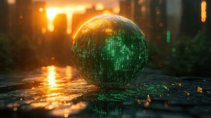 Green Globe Abstract with Binary Code Symbolizing Global Connectivity and Technology