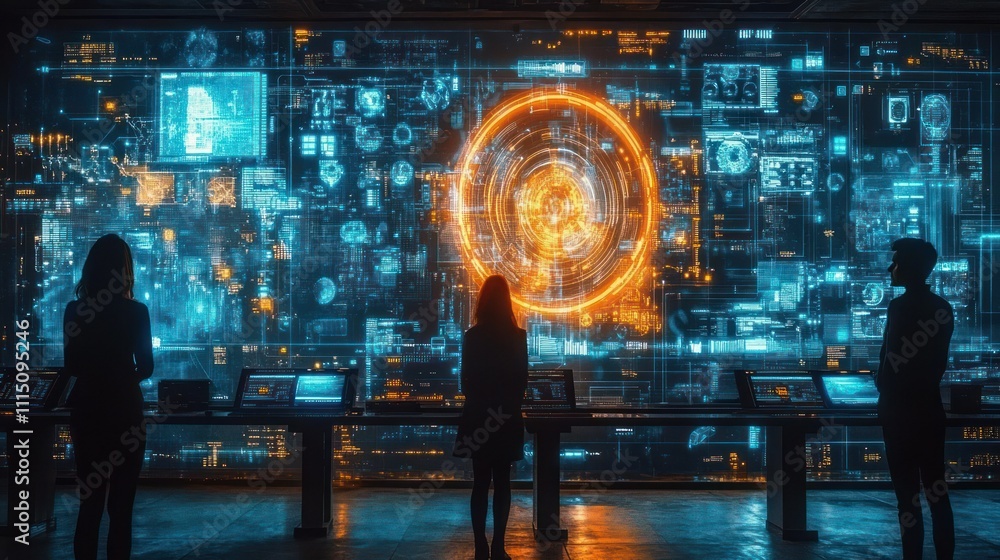 Poster futuristic control room with holographic data visualization for business innovation and technology c