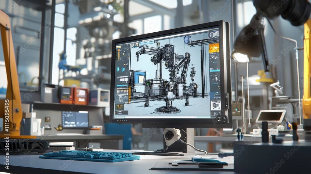 Poster Industrial machine simulation modern factory 3d rendering high-tech environment close-up view engineering concept