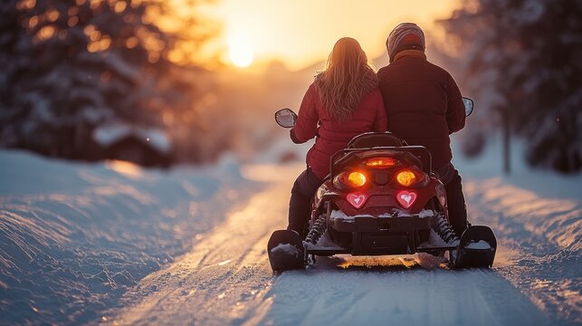 A couple rides a snowmobile through a snowy landscape at sunset, enjoying winter leisure.