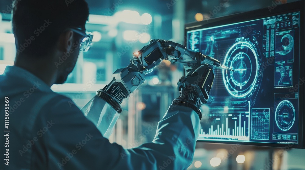 Leinwandbilder Automation engineer programming robotic arm in high-tech lab advanced robotics tech environment innovative concept