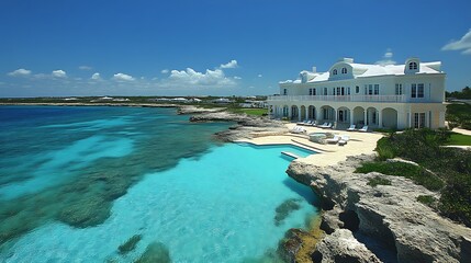 Luxurious White Mansion Overlooking Turquoise Ocean Waters