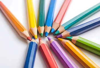 Set of color pencils with rainbow drawing isolated on white background.
