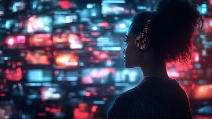 Exploring digital soundscapes music enthusiast in tech hub environment