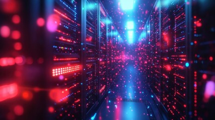 Obraz premium Futuristic Data Center with Neon Lights and Glowing Servers Representing Cloud Computing and Digital Infrastructure