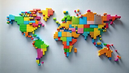 A colorful pixelated world map constructed from small blocks representing global unity and interconnectedness