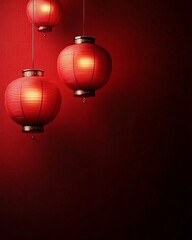 Obraz premium Vibrant red paper lanterns softly glowing against a rich red backdrop, perfect for Chinese New Year celebrations, event invitations, or festive decor.