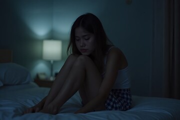 Suffer from depression, mental health problem. Young woman sitting on bed at night feeling depressed or can not sleep