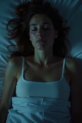 Suffer from depression, mental health problem. Young woman sitting on bed at night feeling depressed or can not sleep