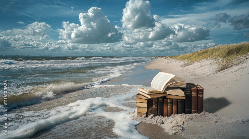 Poster a stack of books on a beach with waves, evoking a sense of calm and imagination.