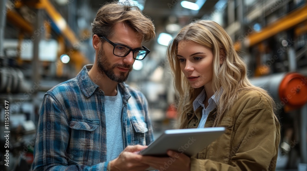 Aufkleber two individuals engaged in a focused discussion while examining a digital tablet. surrounded by mach