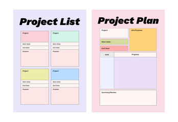 Colorful printable planner template set for project planning, goals, journaling, diary, productivity, goal setting, business, school, learning schedule, coaching