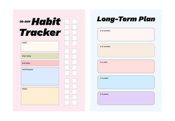 Colorful printable planner template set, habit tracker for goal setting, journaling, diary, productivity, business, school, learning schedule, coaching