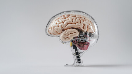 Transparent Brain Anatomy: A detailed model of the human brain encased in a transparent shell, showcasing the intricate neural pathways and anatomical structures.