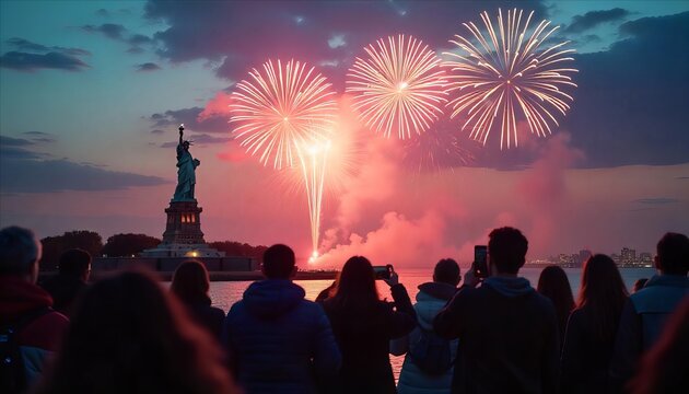 Fireworks sparkling against a backdrop of a twilight sky with the Statue of Liberty in the foreground while diverse tourists take photos