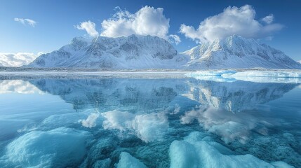 Fototapeta premium The harsh Arctic landscape reflected in the clear water of glaciers, highlighting the vulnerability of polar regions to climate change