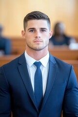 A young white man with short hair, wearing a dark blue suit and a white shirt, stands in a courtroom.