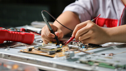 Electronics technician, electronic engineering electronic repair,electronics measuring and testing, repair and maintenance concepts.