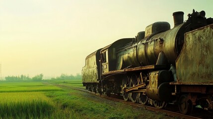 Naklejka premium Vintage Locomotive Amid Vibrant Green Paddy Fields