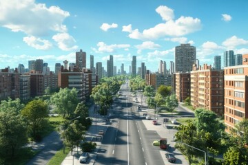 Obraz premium Cityscape: Urban Streetscape with Greenery, Modern Buildings, and Vehicles on a Sunny Day
