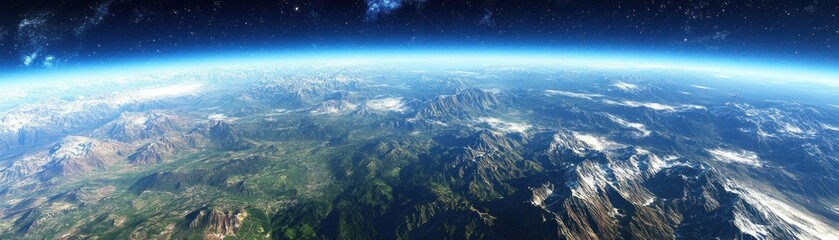 A stunning view of Earth from space, showcasing mountains and clouds against a blue atmosphere.
