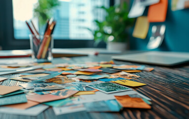 Creative workspace with scattered photos and stationery