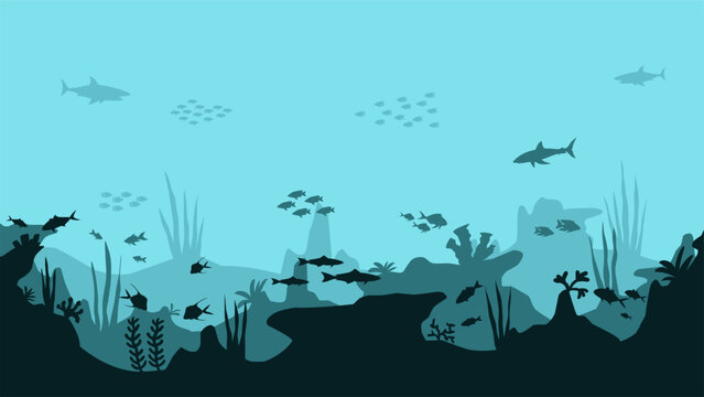 Landscape illustration of seabed with coral reefs and fishes