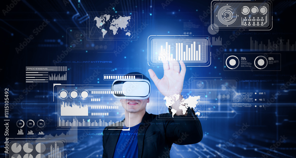 Poster smart business man with goggles working while using ai technology. manager accessing at global netwo