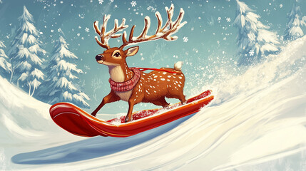 Fototapeta premium Adorable Reindeer Snowboarding Winter Wonderland Snowy Fun Festive Season