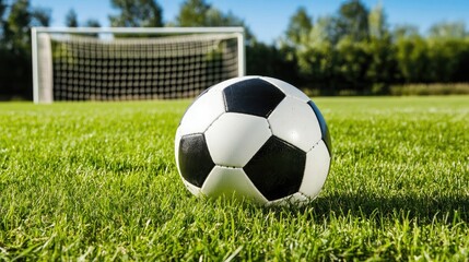 Fototapeta premium Close-Up of a Classic Black and White Soccer Ball on Fresh Green Grass with a Blurred Goal Post in the Background Capturing the Essence of Outdoor Sports