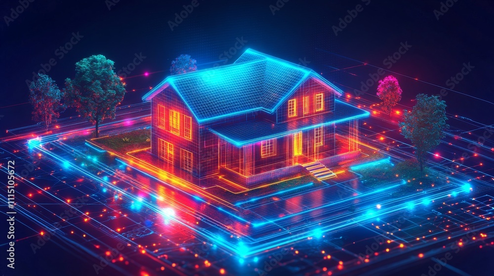 Poster vibrant holographic representation of a smart home surrounded by dynamic light patterns