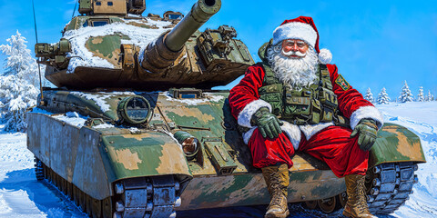 Military Santa Claus sitting on tank, wide banner, painting