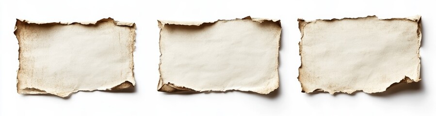 Three burnt paper pieces on a white background.