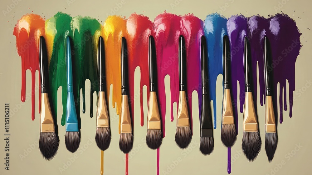 Poster vibrant collection of paintbrushes with colorful paint drips creating a stunning visual palette for 
