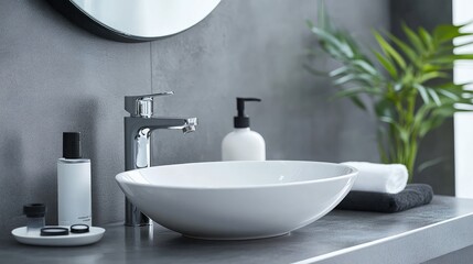Fototapeta premium Modern Bathroom Sink with Sleek Design, Minimalist Aesthetics, Natural Touch, and Elegant Accessories Perfect for Contemporary Home Decor and Relaxation Spaces
