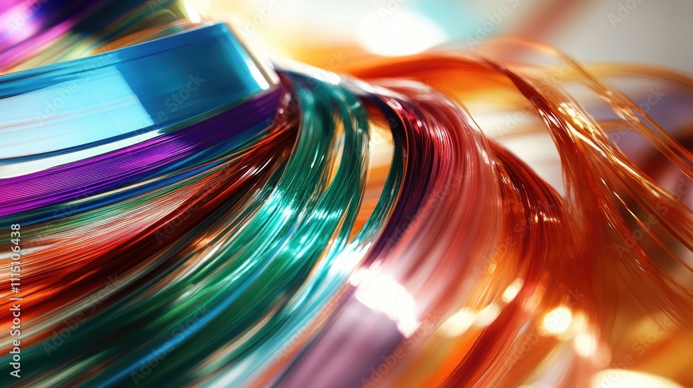 Poster vibrant waves of colorful decorative ribbon twirling elegantly on a table, creating a whimsical and 