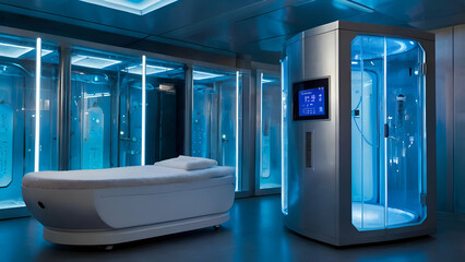 A high-tech cryotherapy chamber glowing with a frosty blue light, surrounded by holographic panels showcasing temperature and skincare benefits in a sleek, futuristic setting.