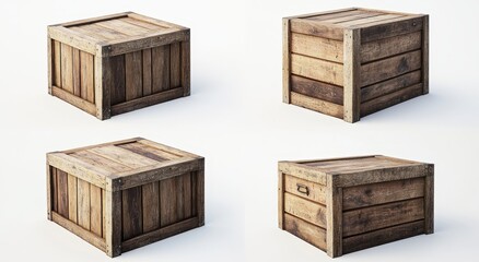 Four wooden crates with a rustic finish, isolated on a white background, from different angles.